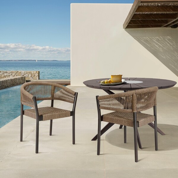 Armen Living Doris Outdoor Patio Dining Chair in Dark Eucalyptus Wood with Truffle Rope - Set of 2 - LCDOSITRU