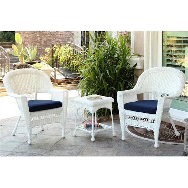Propation 3 Piece White Wicker Chair And End Table Set With Blue Chair Cushion - PR331878