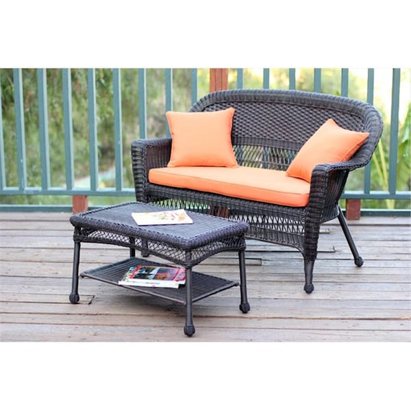 Propation Espresso Wicker Patio Love Seat And Coffee Table Set With Orange Cushion - PR2999291