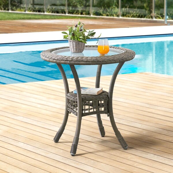Kd Cama De Bebe 30 in. Carolina Diameter All-Weather Wicker Bistro Dining Table with Glass Top - KD3236249