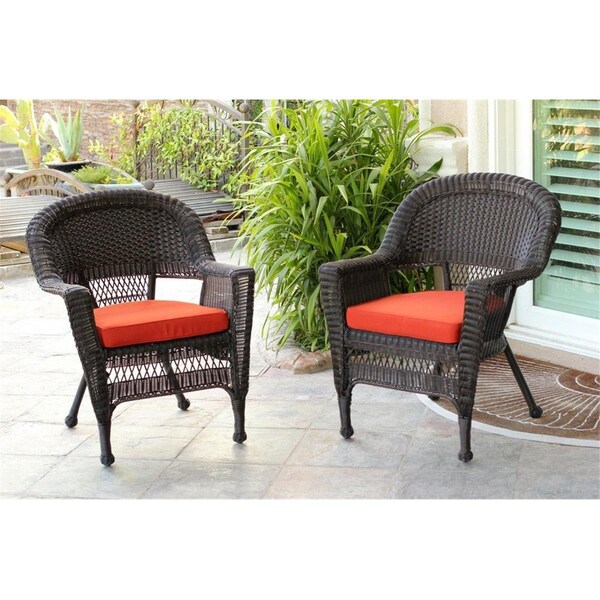 Jeco W00201-2-FS018-CS Espresso Wicker Chair with Red Cushion, 2PK - W00201_2-FS018-CS