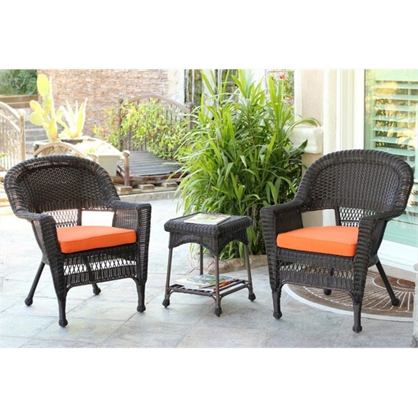 Propation 3 Piece Espresso Wicker Chair And End Table Set With Orange Chair Cushion - PR3550054