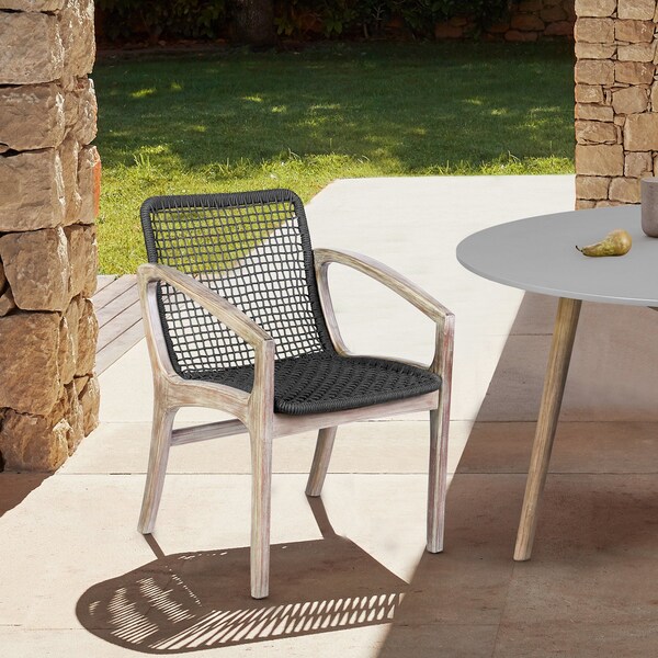 Armen Living Brighton Outdoor Patio Dining Chair in Light Eucalyptus Wood and Charcoal Rope - 840254332386