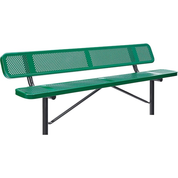 Global Industrial 8ft Outdoor Steel Bench w/ Backrest, Perforated Metal, In Ground Mount, Green - 262077IGN
