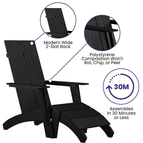 Flash Furniture Set of 2 Black Modern Adirondack Chairs & Ottomans - 2-JJ-C14509-14309-BK-GG