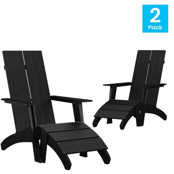 Flash Furniture Set of 2 Black Modern Adirondack Chairs & Ottomans - 2-JJ-C14509-14309-BK-GG