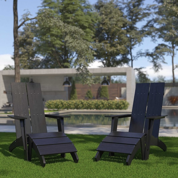 Flash Furniture Set of 2 Black Modern Adirondack Chairs & Ottomans - 2-JJ-C14509-14309-BK-GG