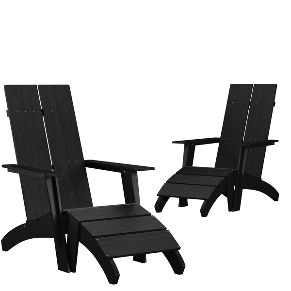 Flash Furniture Set of 2 Black Modern Adirondack Chairs & Ottomans - 2-JJ-C14509-14309-BK-GG