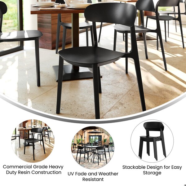 Flash Furniture Dover Stacking Patio Chairs w/Curved Backrests, All-Weather Resin Chairs in Black, 2PK - 2-DHF-340-APP-BLK-GG