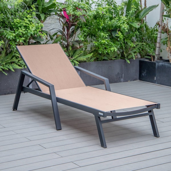 Leisuremod Marlin Patio Chaise Lounge Chair with Armrests in Black Aluminum Frame, Light Brown - MLABL-77LBR
