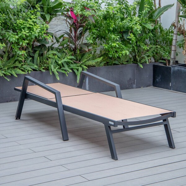 Leisuremod Marlin Patio Chaise Lounge Chair with Armrests in Black Aluminum Frame, Light Brown - MLABL-77LBR