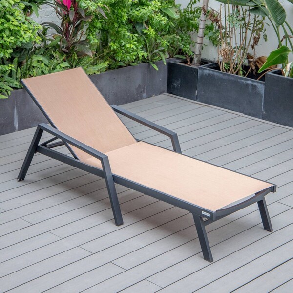 Leisuremod Marlin Patio Chaise Lounge Chair with Armrests in Black Aluminum Frame, Light Brown - MLABL-77LBR