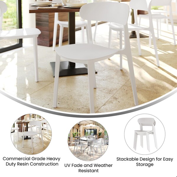 Flash Furniture Dover Indoor-Outdoor Stacking Patio Chair w/Curved Backrest, All-Weather Resin Chair in White - DHF-340-APP-WH-GG