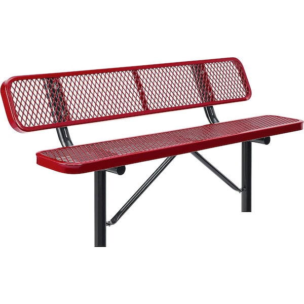 Global Industrial 6ft Outdoor Steel Bench w/ Backrest, Expanded Metal, In Ground Mount, Red - 277154IRD