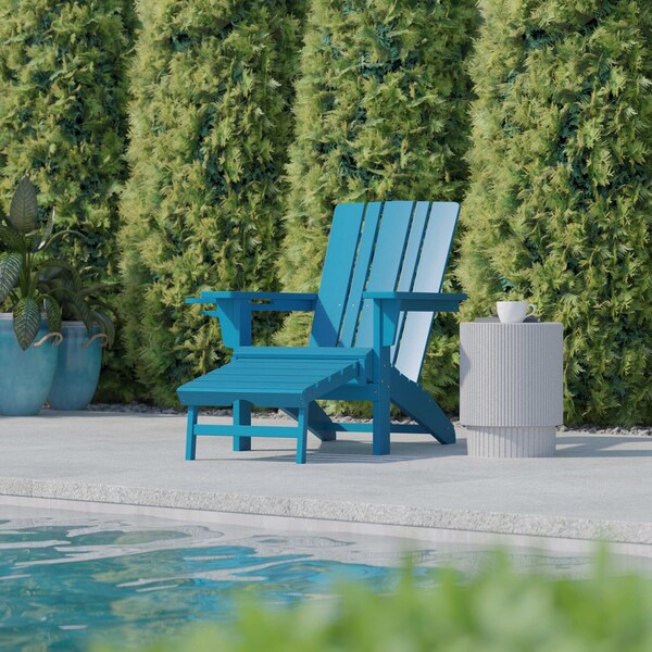 Flash Furniture Blue Adirondack Chair with Ottoman and Cupholder - LE-HMP-1045-110-BL-GG