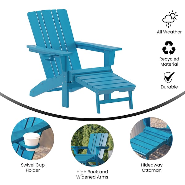 Flash Furniture Blue Adirondack Chair with Ottoman and Cupholder - LE-HMP-1045-110-BL-GG