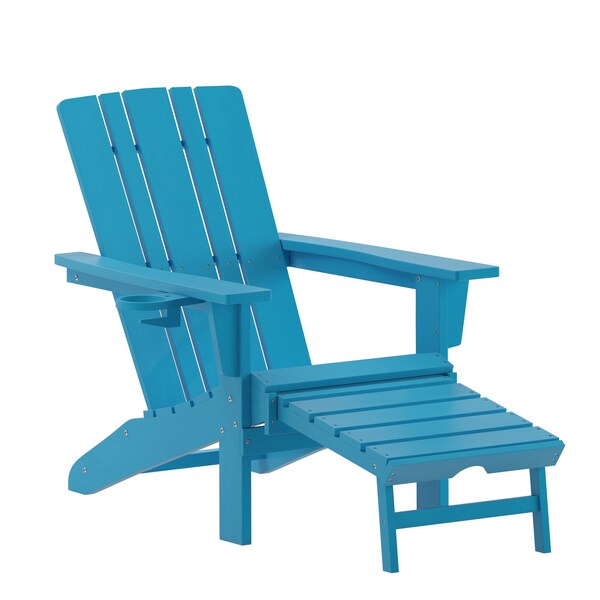 Flash Furniture Blue Adirondack Chair with Ottoman and Cupholder - LE-HMP-1045-110-BL-GG