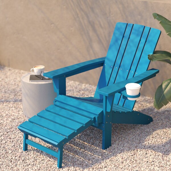 Flash Furniture Blue Adirondack Chair with Ottoman and Cupholder - LE-HMP-1045-110-BL-GG