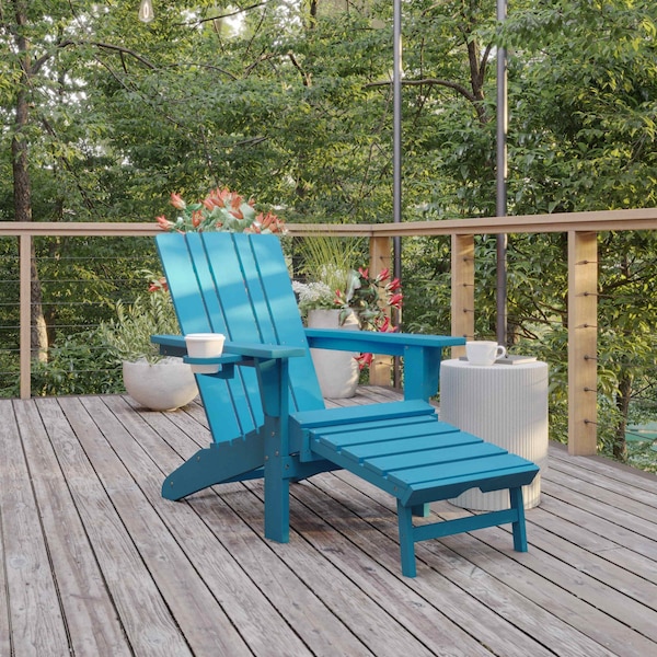 Flash Furniture Blue Adirondack Chair with Ottoman and Cupholder - LE-HMP-1045-110-BL-GG
