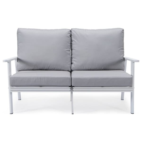 Leisuremod Walbrooke Modern Outdoor Patio Loveseat, White Aluminum Frame and Removable Cushions, Light Grey - WW-57-27LGR