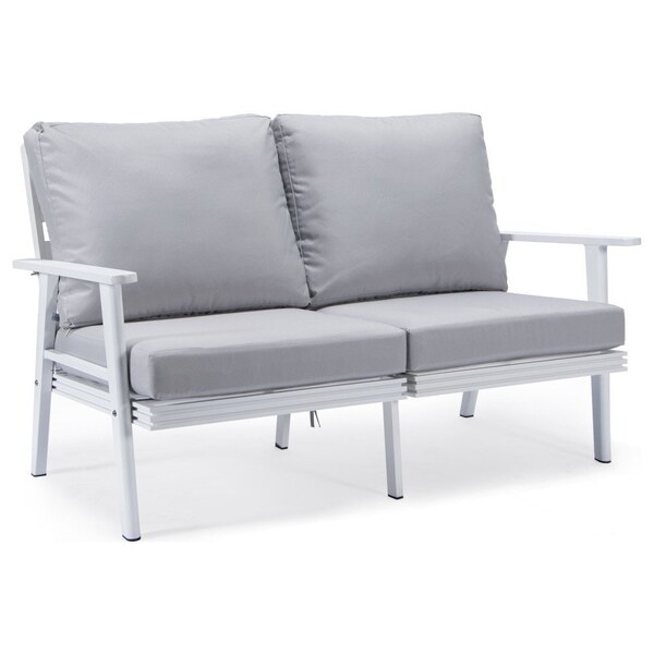 Leisuremod Walbrooke Modern Outdoor Patio Loveseat, White Aluminum Frame and Removable Cushions, Light Grey - WW-57-27LGR