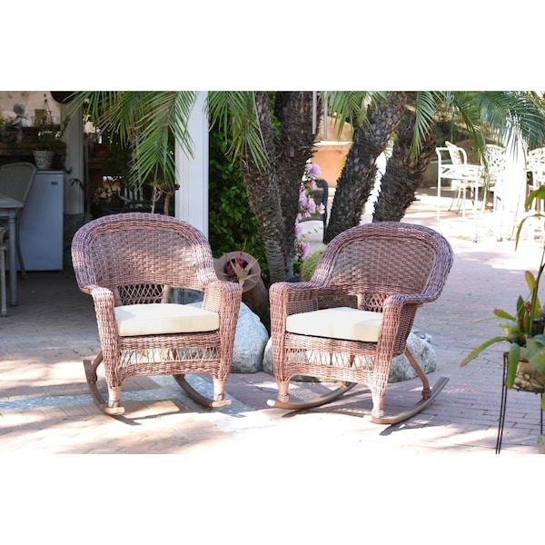 Jeco W00205R-C-2-FS001 Honey Rocker Wicker Chair with Ivory Cushion - W00205R-C_2-FS001