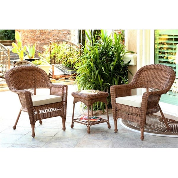Jeco 3 Piece Honey Wicker Chair And End Table Set With Orange Chair Cushion - W00205_2-CES006