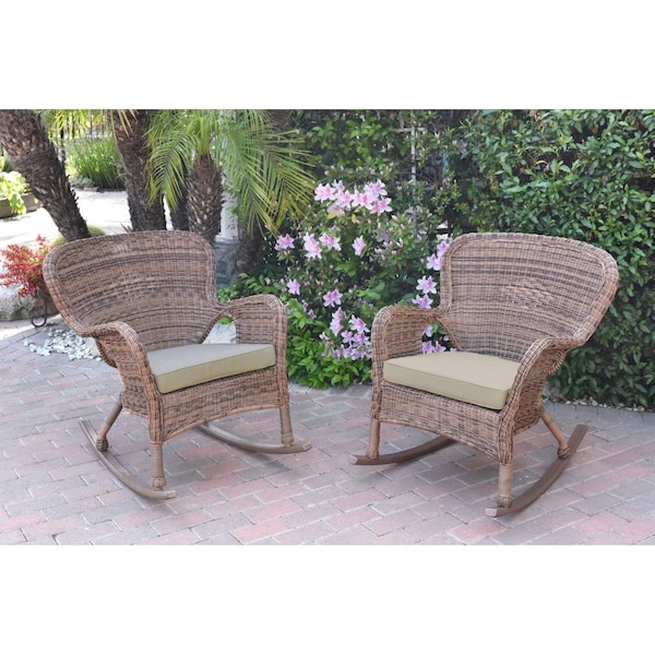 Jeco W00212-R-2-FS006 Windsor Honey Resin Wicker Rocker Chair with Tan Cushion, 2PK - W00212-R_2-FS006