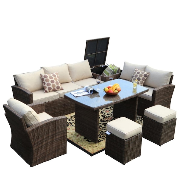 Claustro 7 Piece Outdoor PE Rattan Wicker Patio Sofa Set with Wide Cabinet, Brown - CL2566968