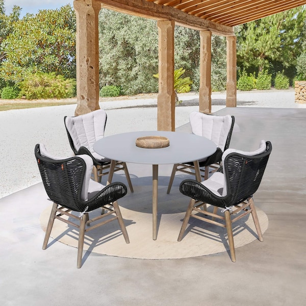 Armen Living Sydney and Fanny 5 Piece Outdoor Patio Dining Set in Light Eucalyptus Wood Gray Cushions - 840254335981