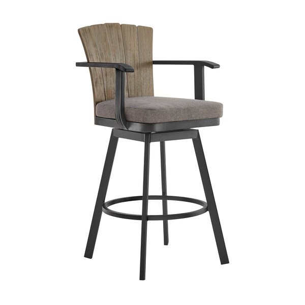 Armen Living Hazel Outdoor Patio Swivel Counter Stool in Aluminum with Teak Wood and Charcoal Cushion - LCHABABLKCH26