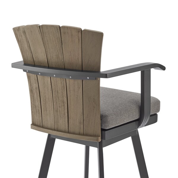 Armen Living Hazel Outdoor Patio Swivel Counter Stool in Aluminum with Teak Wood and Charcoal Cushion - LCHABABLKCH26