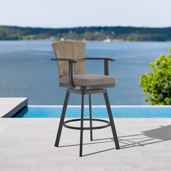Armen Living Hazel Outdoor Patio Swivel Counter Stool in Aluminum with Teak Wood and Charcoal Cushion - LCHABABLKCH26