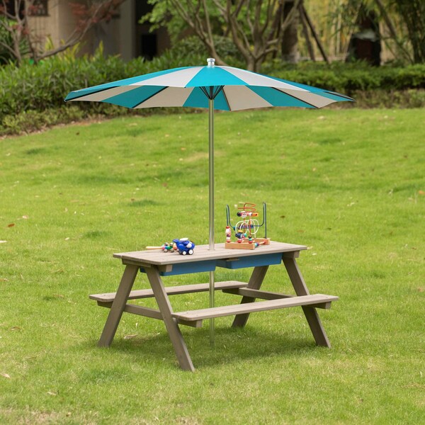 Gardenised Kids Picnic Play Table, Sandbox Table with Umbrella Hole and 2 Play Boxes with Removable Top, Gray - QI004476