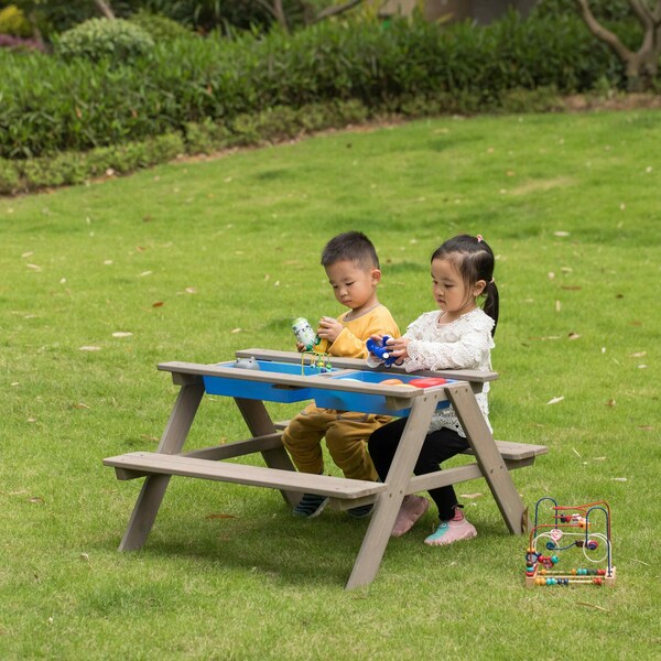 Gardenised Kids Picnic Play Table, Sandbox Table with Umbrella Hole and 2 Play Boxes with Removable Top, Gray - QI004476
