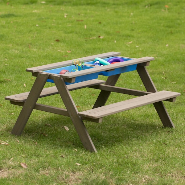 Gardenised Kids Picnic Play Table, Sandbox Table with Umbrella Hole and 2 Play Boxes with Removable Top, Gray - QI004476