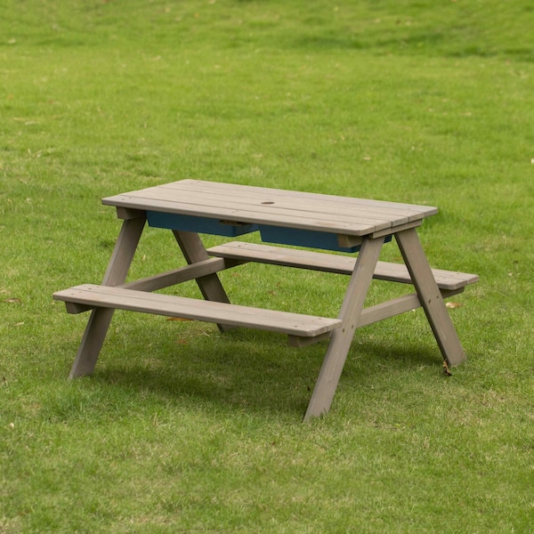 Gardenised Kids Picnic Play Table, Sandbox Table with Umbrella Hole and 2 Play Boxes with Removable Top, Gray - QI004476