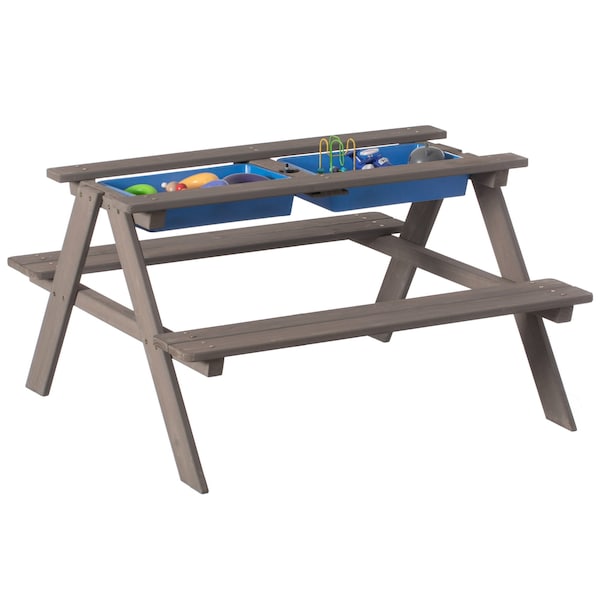 Gardenised Kids Picnic Play Table, Sandbox Table with Umbrella Hole and 2 Play Boxes with Removable Top, Gray - QI004476