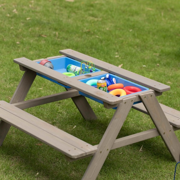 Gardenised Kids Picnic Play Table, Sandbox Table with Umbrella Hole and 2 Play Boxes with Removable Top, Gray - QI004476