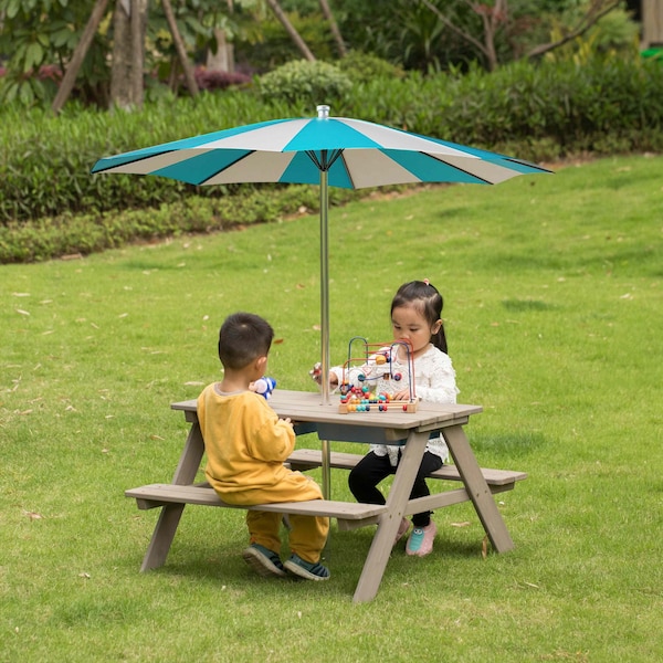 Gardenised Kids Picnic Play Table, Sandbox Table with Umbrella Hole and 2 Play Boxes with Removable Top, Gray - QI004476