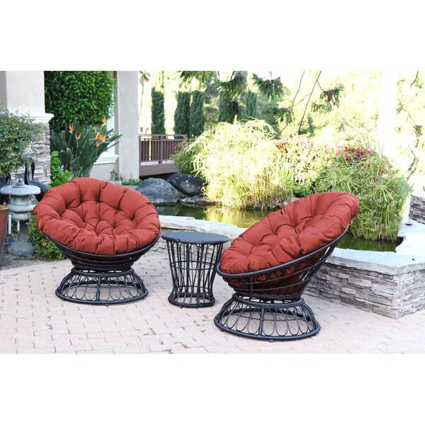 Jeco OF-SC001-2-CES018 Papasan Espresso Wicker Swivel Chair & Table Set with Brick Red Cushions - OF-SC001_2-CES018
