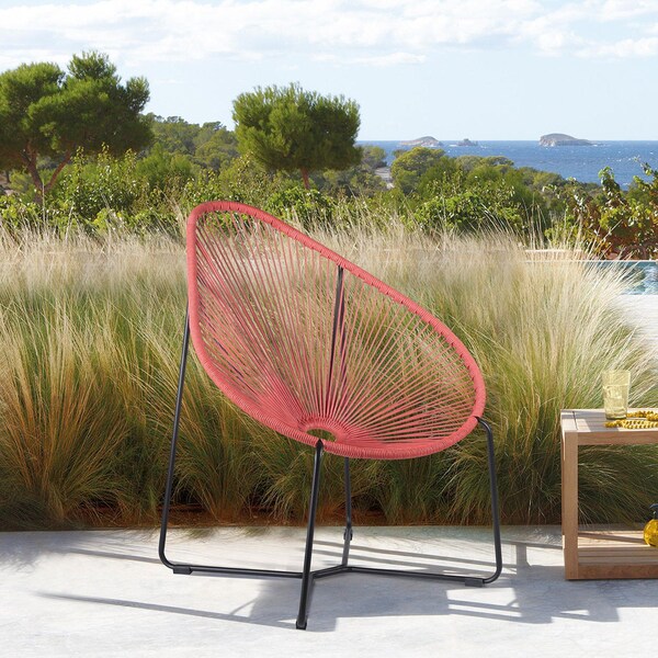 Armen Living Acapulco Indoor Outdoor Steel Papasan Lounge Chair with Brick Red Rope - LCACSIBRK