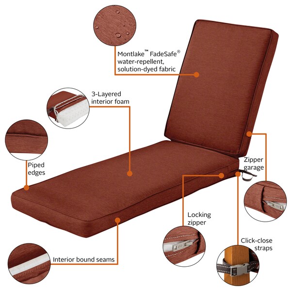 Classic Accessories Montlake FadeSafe Patio Chaise Lounge Cushion, Heather Henna - 62-056-HHENNA-EC