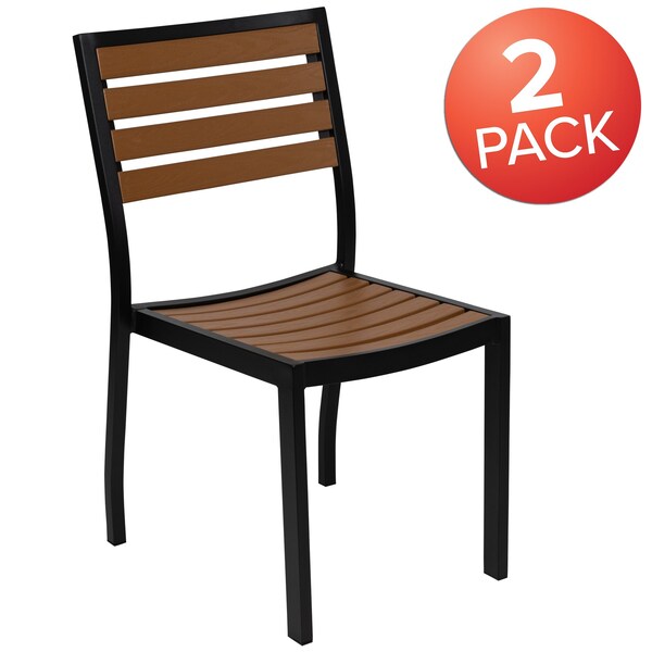 Flash Furniture Lark Outdoor Stackable Side Chair with Faux Teak Poly Slats, Set of 2 - 2-XU-DG-HW6036-GG