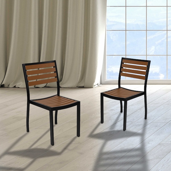 Flash Furniture Lark Outdoor Stackable Side Chair with Faux Teak Poly Slats, Set of 2 - 2-XU-DG-HW6036-GG