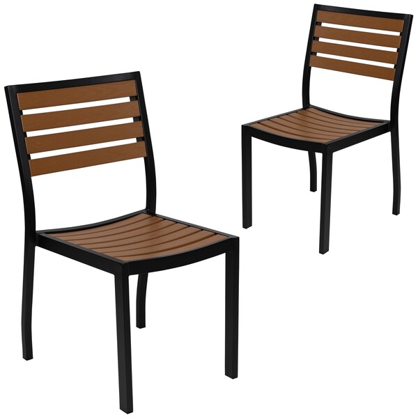 Flash Furniture Lark Outdoor Stackable Side Chair with Faux Teak Poly Slats, Set of 2 - 2-XU-DG-HW6036-GG