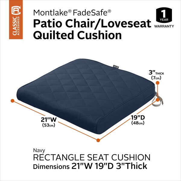 Classic Accessories Montlake Quilted Patio Cushion, Navy, 21"x19"x3" - 62-009-NAVY-EC