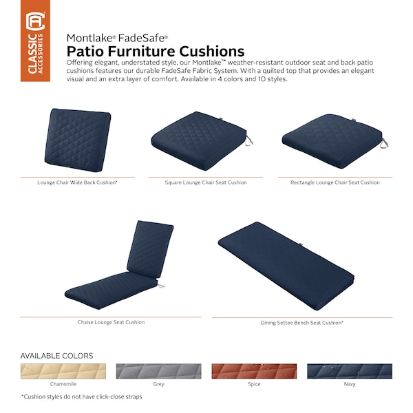 Classic Accessories Montlake Quilted Patio Cushion, Navy, 21"x19"x3" - 62-009-NAVY-EC