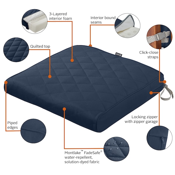 Classic Accessories Montlake Quilted Patio Cushion, Navy, 21"x19"x3" - 62-009-NAVY-EC