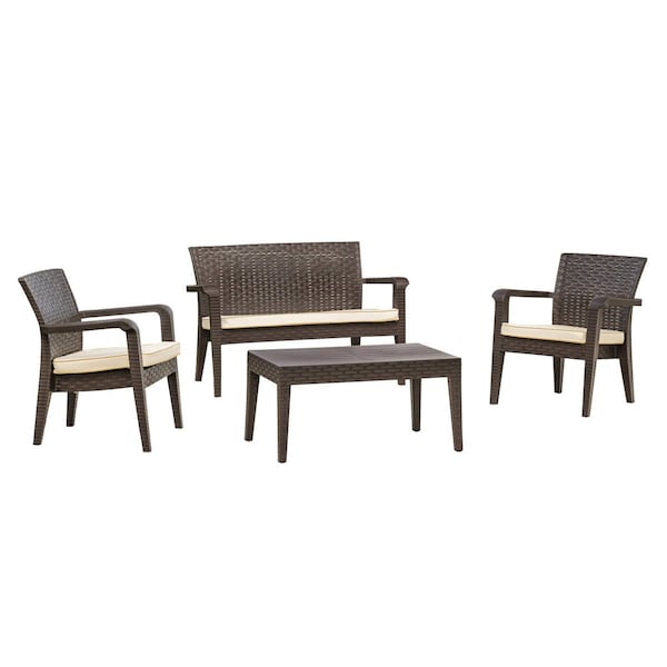Rainbow Outdoor Alaska 4 Piece Seating Set with Cushions-Brown - RBO-ALASKA-BRW-4PC-CUSH-CRM